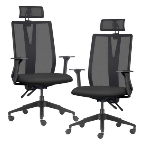 Kit 2 Cadeiras Escritório Giratória Presidente Flow F02 Base Preta Crepe Preto - Lyam Decor