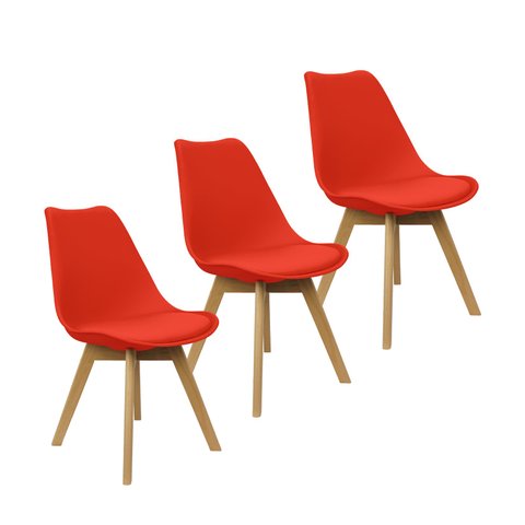 Kit 3 Cadeiras Charles Eames Leda Luisa Saarinen Design Wood Estofada Base Madeira - Vermelha