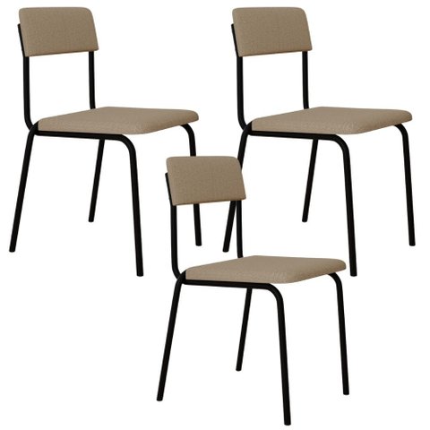 Kit 03 Cadeiras Estofada para Sala de Jantar Sense Preto C01 Linho Areia - Lyam Decor