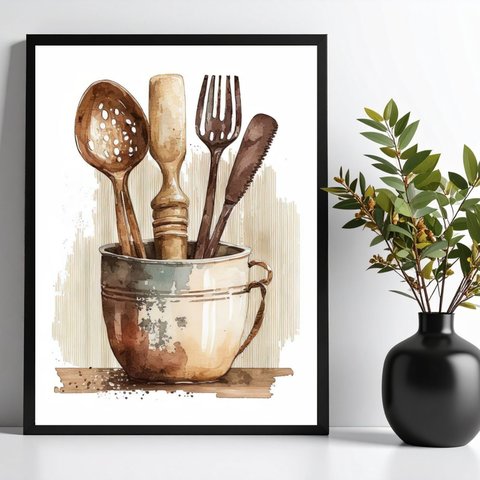 Quadro para Cozinha Vintage - Utensílios 33x24cm:moldura Preta