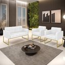 Ver imagem 2 de Kit 1 Sofá Namoradeira e 2 Poltronas Elisa Corano Branco Base Metálica Industrial Dourado - D'Rossi