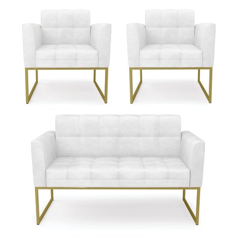 Kit 1 Sofá Namoradeira e 2 Poltronas Elisa Corano Branco Base Metálica Industrial Dourado - D'Rossi