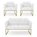 Ver imagem 1 de Kit 1 Sofá Namoradeira e 2 Poltronas Elisa Corano Branco Base Metálica Industrial Dourado - D'Rossi