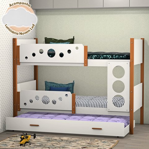 Beliche Infantil Solteiro Star com Cama Auxiliar Branco com Mel - Divaloto Móveis + Acompanha Luminá