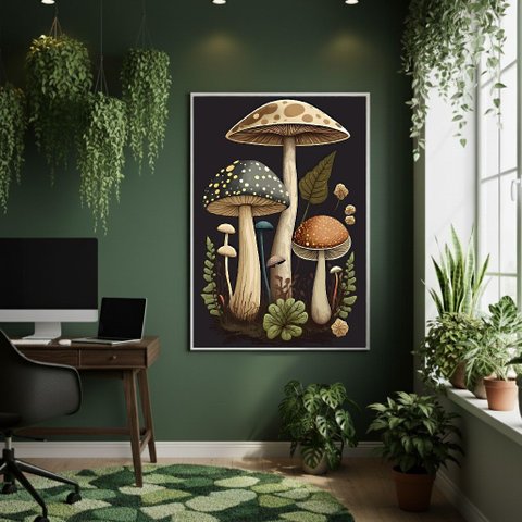 Quadro Decorativo Cogumelos Verdes 70x50cm Mold Preta