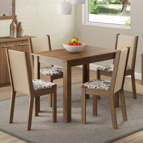 Conjunto Sala de Jantar Madesa Cíntia Mesa Tampo de Madeira com 4 Cadeiras Rustic/Crema/Hibiscos Cor