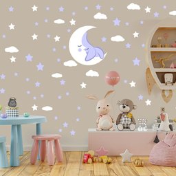 Adesivo Parede Estrelas Lua Nuvens Titulos Estrelas Roxas - 7