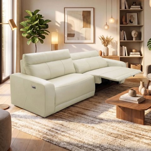 Sofá 4 Lugares Rettrátil Reclinável Elétrico 284cm Mazi L06 Couro Off White - Lyam Decor