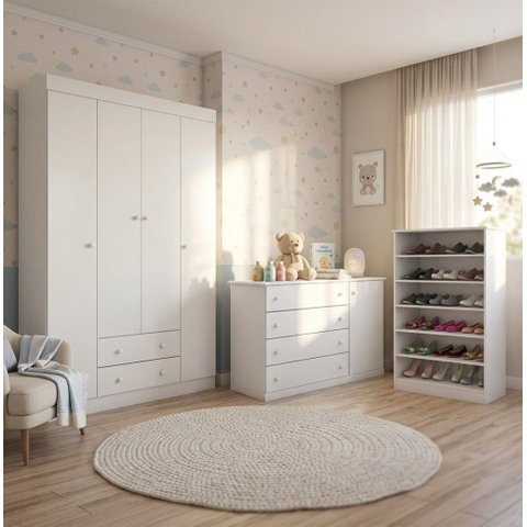 Guarda-Roupa Roupeiro Julie 4 Portas + Cômoda + Sapateira Prateleira MDP Branco