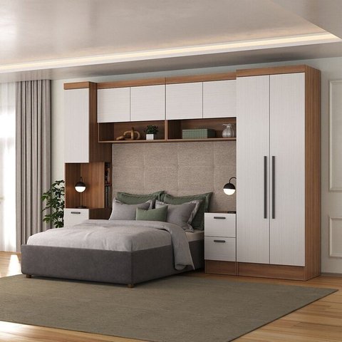 Quarto Completo Viena 7 Portas 6 Gavetas 5 Peças Espresso Móveis Marrom/Nogal/Branco