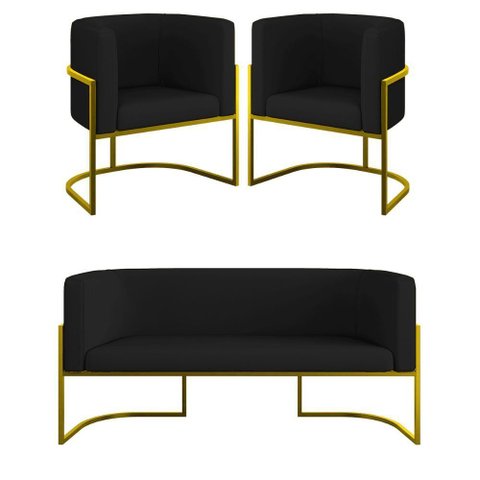 Kit Sofá 2 Lugares + 2 Poltronas Corino Gold Preto