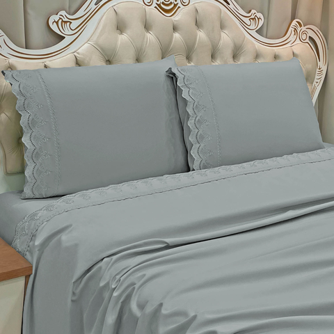 Jogo Cama King Kayla 300 Fios Algodão Bordado Inglês:cinza