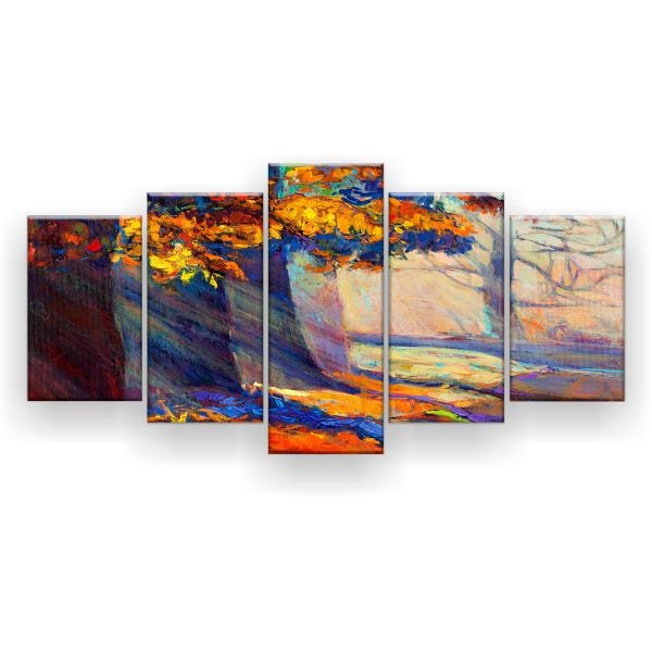 Quadro Decorativo Pintura Pôr Do Sol Outono Floresta 129X61 5 Peças - 1