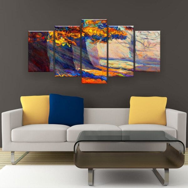 Quadro Decorativo Pintura Pôr Do Sol Outono Floresta 129X61 5 Peças - 2