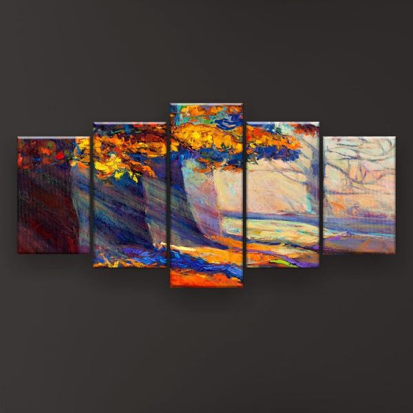 Quadro Decorativo Pintura Pôr Do Sol Outono Floresta 129X61 5 Peças - 3