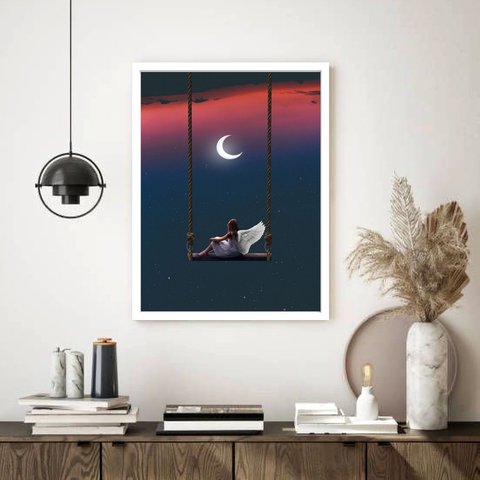 Quadro Decorativo Surrealismo Anjinha Balanço - 70x50cm:moldura Preta