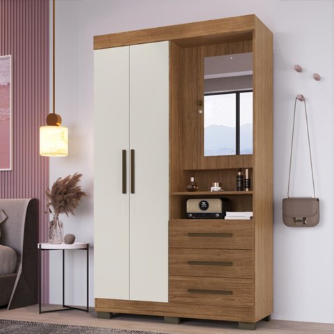 Guarda Roupa Roupeiro 3 Portas 3 Gavetas com Espelho Canela e Off White