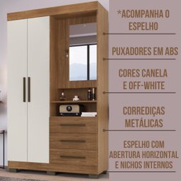 Guarda Roupa Roupeiro 3 Portas 3 Gavetas com Espelho Canela e Off White - 4