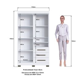 Guarda Roupa Roupeiro 3 Portas 3 Gavetas com Espelho Canela e Off White - 3