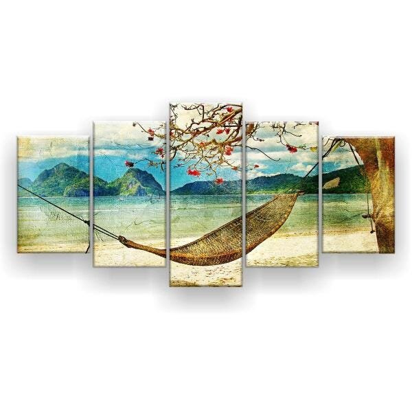 Quadro Decorativo Pintura Cena Tropical 129x61 5 Peças - 1