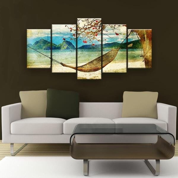 Quadro Decorativo Pintura Cena Tropical 129x61 5 Peças - 2