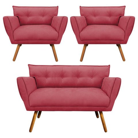 Kit 01 Namoradeira e 02 Poltronas Anitta Suede Pés Palito