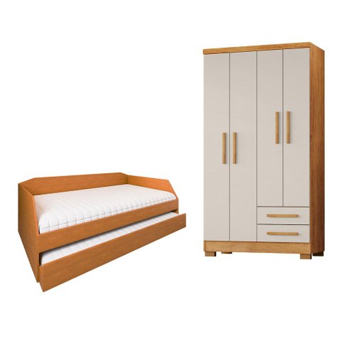 Conjunto Quarto Bicama Duo com Cama Auxiliar + Guarda-Roupa Paris 4 Portas Casal - Nature/Off-White