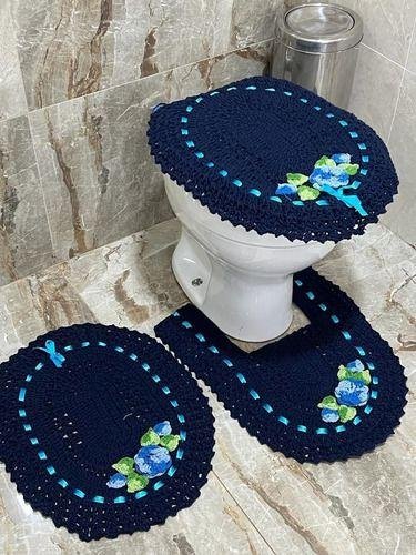 Jogo de Tapetes para Banheiro Croche em Barbante: Azul Marinho