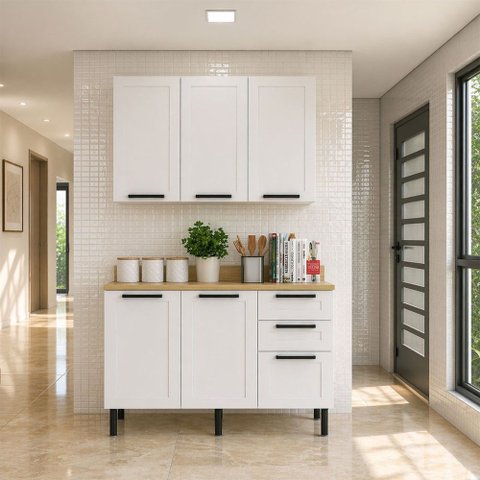 Cozinha Compacta Americana Grazi 5 Portas 3 Gavetas com Tampo Branco/Carvalho Tropical - Tecno Mobil