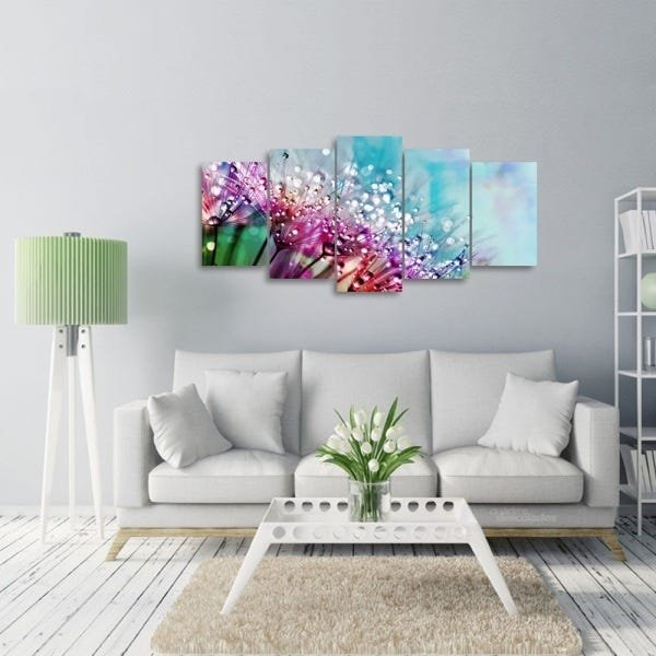 Quadro Flor Dente de Leão Colorida Abstrata Para Sala Escritórios 5 Peças - 1