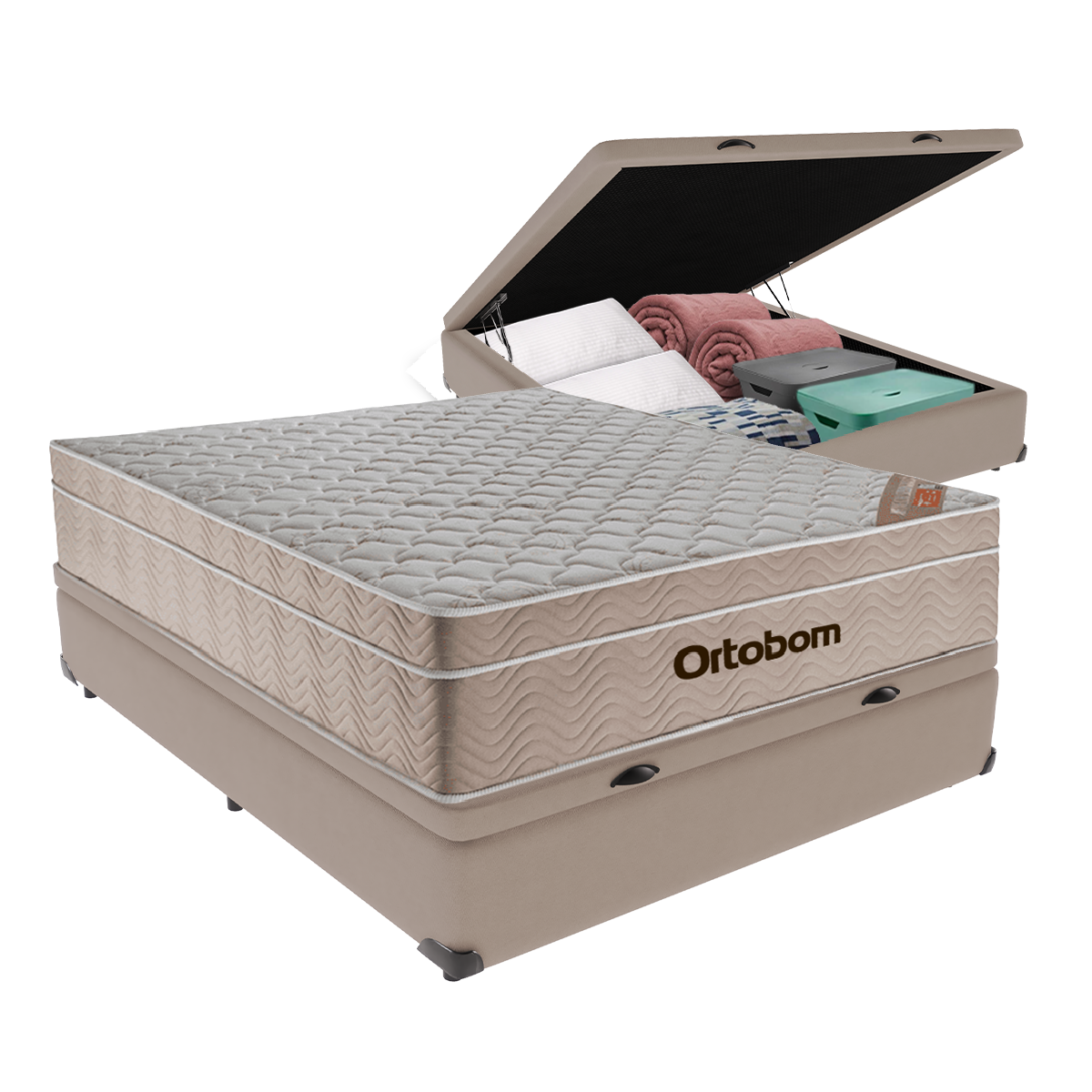 Cama Box com Baú Casal Bege e Colchão Ortobom Airtech Molas Ensacadas - 1