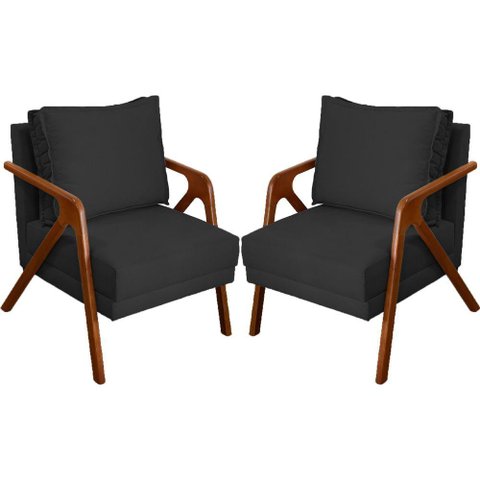 Kit 2 Poltronas Decorativa Shine Pé Castanho - Preto Suede
