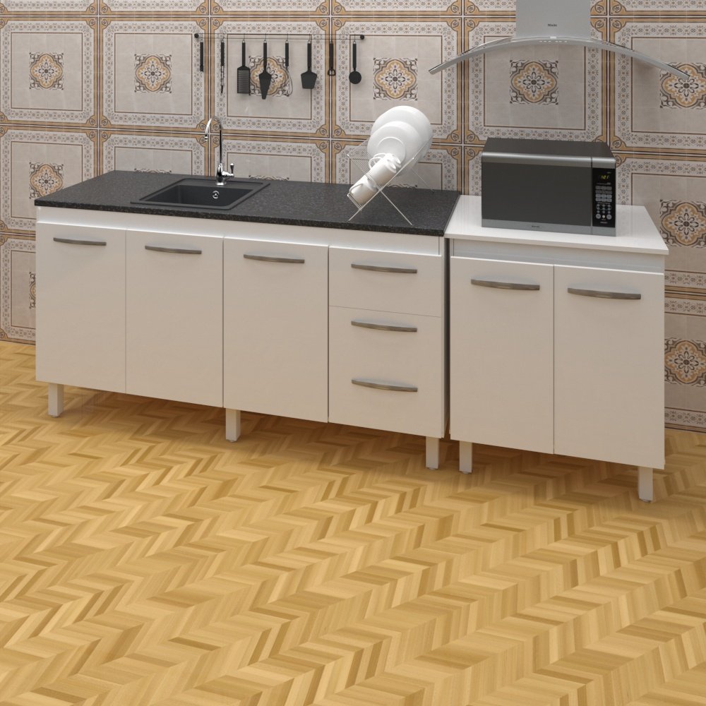 Armário Cozinha Gabinete Pia De 160 cm Emily Com Balcão Multiuso Micro-ondas Branco Serena - 2