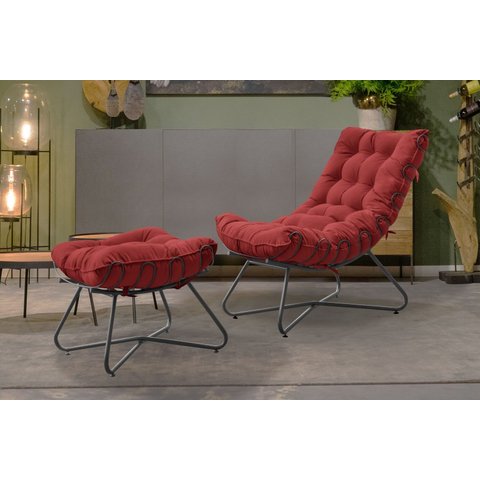 Poltrona Costela Luxo com Puff Eva Metal Preto-veludo Vermelho