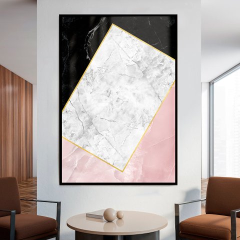 Quadro Decorativo Geométrico Mármore Preto, Branco e Rosa em Moldura Caixa Tacolado Moldura Trad 1cm