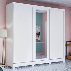 Guarda-roupa Casal 100% Mdf Kappesberg C/pés e 3 Espelhos 3 Portas de Correr 8 Gavetas Branco