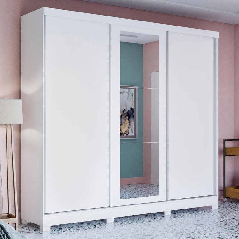 Guarda-roupa Casal 100% Mdf Kappesberg C/pés e 3 Espelhos 3 Portas de Correr 8 Gavetas Branco
