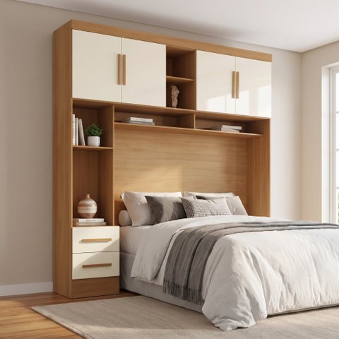 Ponte Aérea Modular Casal com 2 Gavetas e Nichos 100% MDF Smart Marrom Cinamomo/Off White