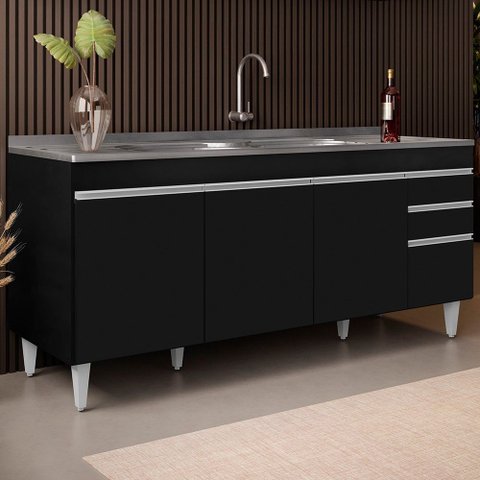 Balcão Gabinete Com Pia 180cm Dallas Preto - Lumil Lumil Móveis