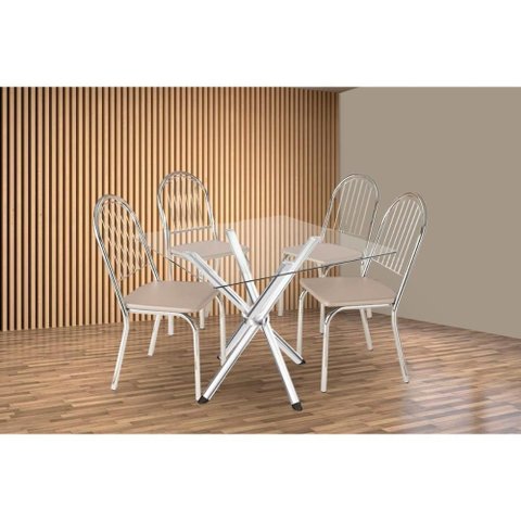 Conjunto: Mesa de Cozinha Volga C/ Tampo de Vidro 90cm e 4 Cadeiras Noruega Cromada - Courano Bege