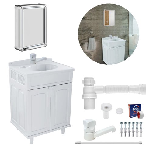 Gabinete 02 Portas para Banheiro com Lavatório + Armário + Torneira + Engate Flexível + Fita Veda Ro