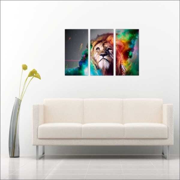 Quadro Leão Animais Colorido Abstrato 3 Peças Salas - 3