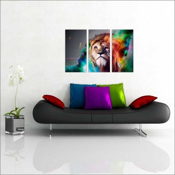 Quadro Leão Animais Colorido Abstrato 3 Peças Salas - 1