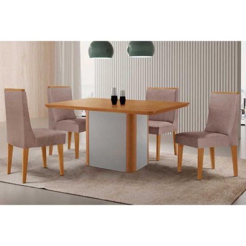 Sala de Jantar Completa Pietá C/ Tampo Madeirado Canto Curvo 120x80cm e 4 Cadeiras Dakota Naturale/