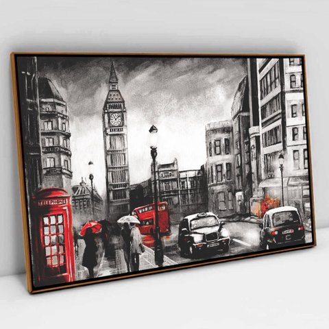 Quadro Decorativo em Canvas Londres Big Bem Preto, Branco e Vermelho TACOLADO PAPEL DE PAREDE Moldur