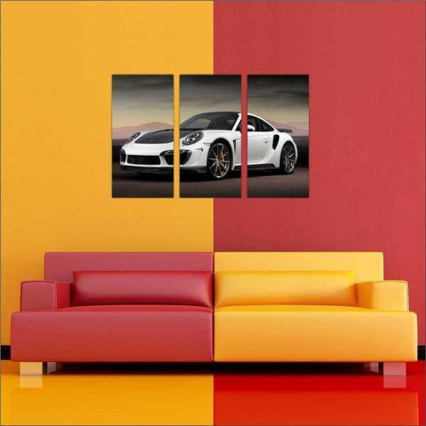 Quadro Decorativo Carros Porsche Branco 3 Peças Moldura - 1