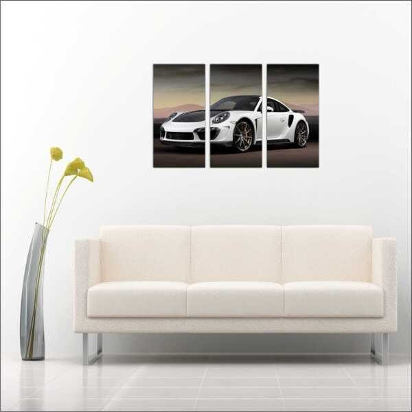 Quadro Decorativo Carros Porsche Branco 3 Peças Moldura - 2