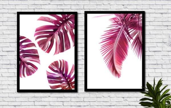 Conjunto De 2 Quadros Folhagens Plantas Rosa Moderno 45X60Cm - 1