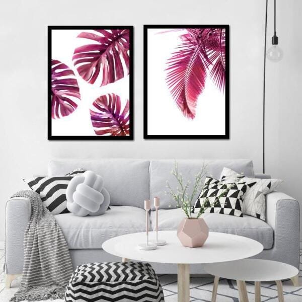 Conjunto De 2 Quadros Folhagens Plantas Rosa Moderno 45X60Cm - 3