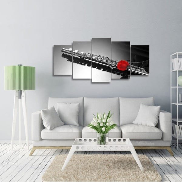 Quadro decorativo Flauta em Preto e Branco com Rosa Música 2 - 5